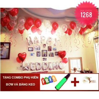 Set: Happy Wedding + 50 bóng nhũ + 2 bóng tim to +phụ kiện