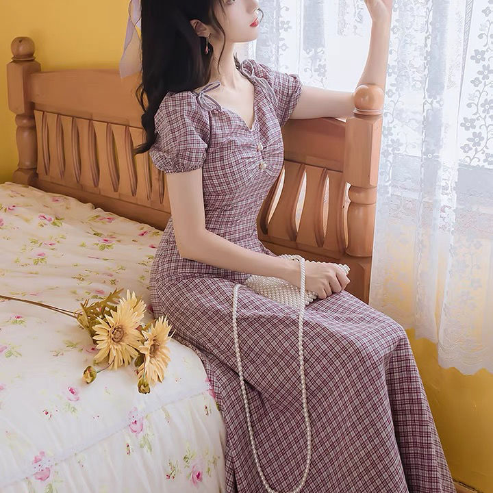 Mùa Hè Hàn Quốc Retro Tím Kẻ Sọc Puffy Tay áo Váy ôm Giữa Chiều Dài