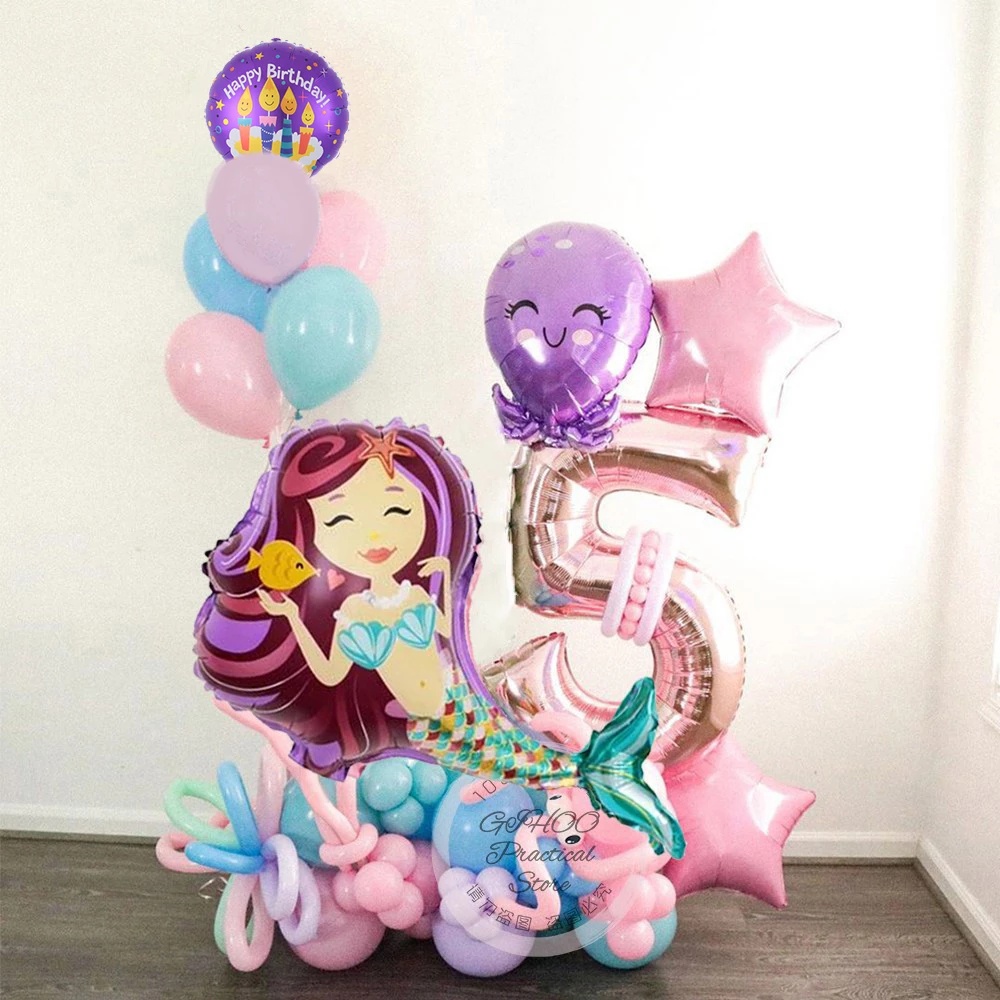 Bong Bóng Hình Đuôi Nàng Tiên Cá/ Vỏ Sò Nhiều Màu Trang Trí Tiệc