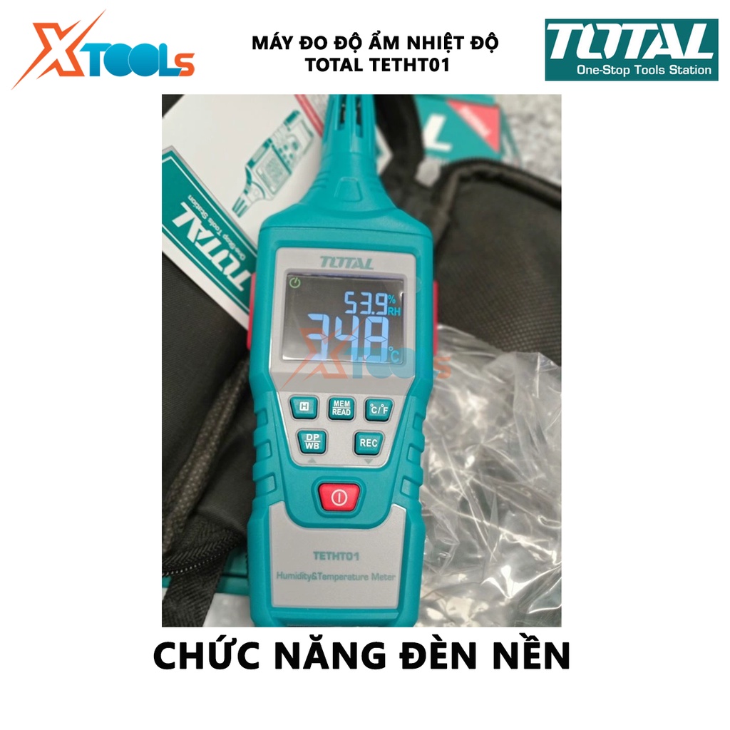 Máy đo độ ẩm và nhiệt độ kỹ thuật số TOTAL TETHT01 | thiết bị kiểm tra độ ẩm nhiệt độ Với chức năng đèn nền, báo pin thấ