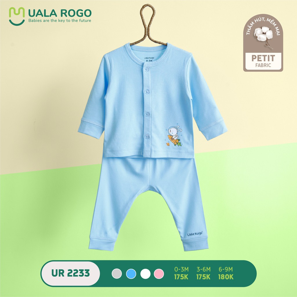 Quần áo sơ sinh Uala rogo 0-9 tháng vải Petit Fabric mềm thấm hút co giãn cúc Cài Giữa dài tay in hình Ur2233