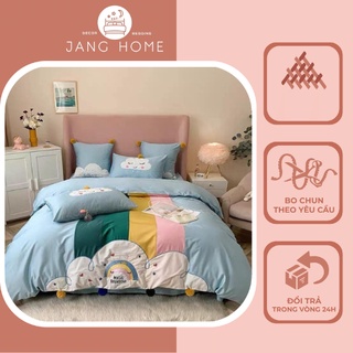Set chăn ga gối Cotton Lụa thêu cao cấp, Bộ ga gối mền cưới màu xanh nhạt 5 món Tặng vỏ gối ôm