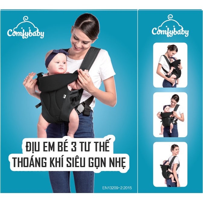 Địu em bé 3 tư thế có đỡ cổ sơ sinh - THOÁNG KHÍ-CHỐNG GÙ cho bé ComfyBaby CF-BK010 siêu gọn nhẹ - bảo hành 12 tháng