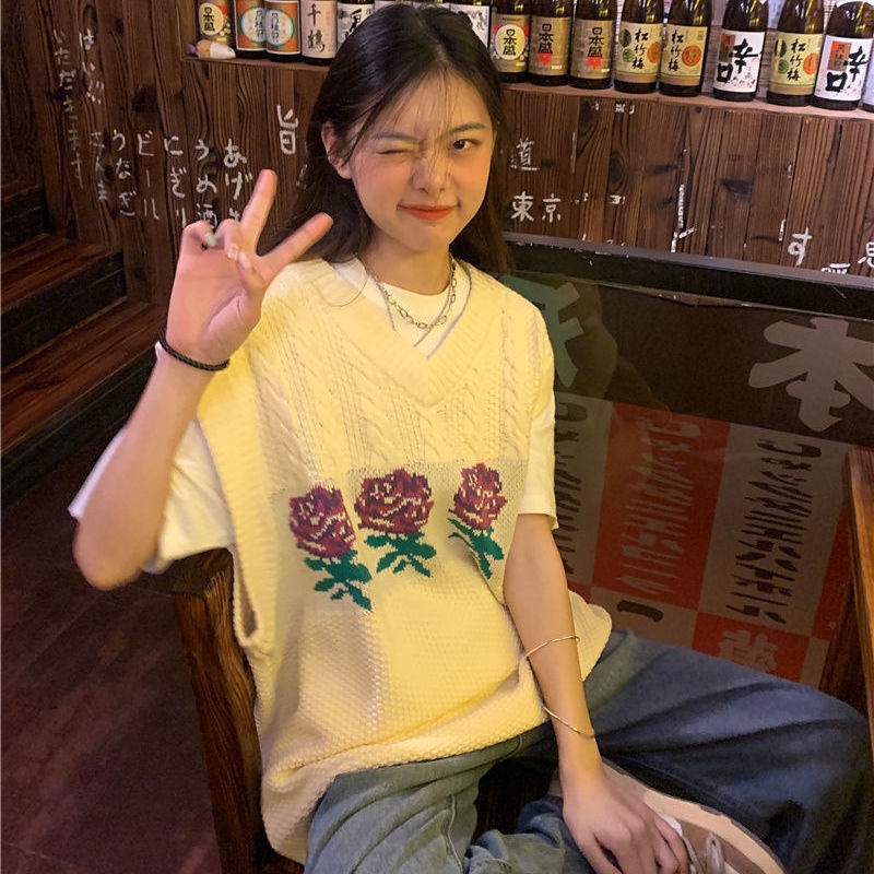 Áo len không tay cổ chữ V họa tiết hoa hồng phong cách Hàn Quốc cổ điển cho nữ sinh