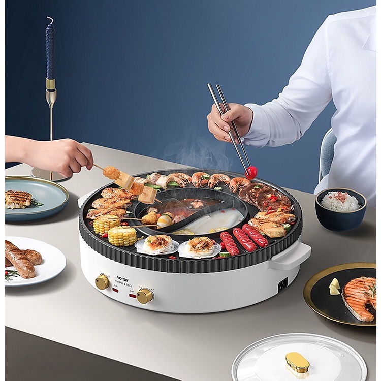 [Bảo hành 1 năm] Bếp lẩu nướng BBQ  đa năng AORAN cỡ lớn 45cm kết hợp 2 trong 1 màu xanh công suất lớn 1500W