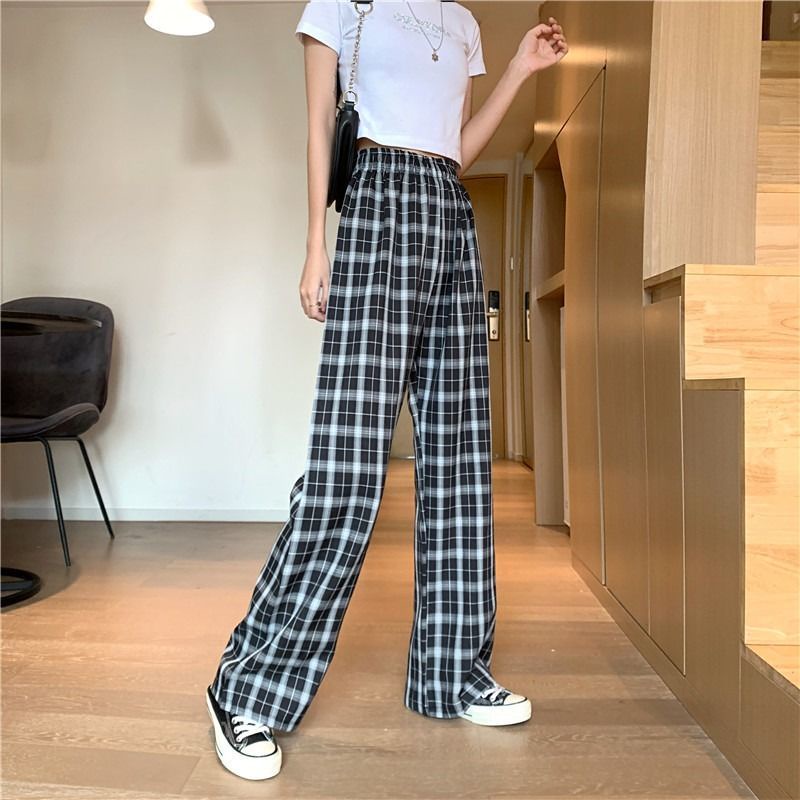 Quần Dài Ống Rộng Họa Tiết Sọc Caro Màu Tương Phản Thời Trang Phong Cách Hàn Quốc Size S-4xl