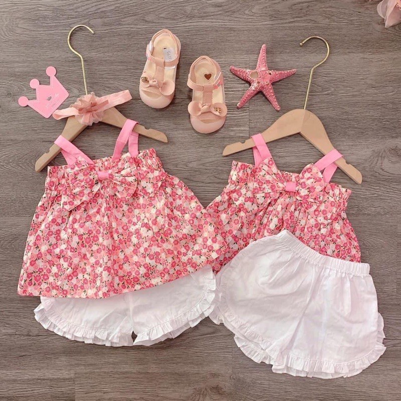 Đồ bộ bé gái quần áo họa tiết hoa hồng nhí AM686 - đồ bộ cho bé gái 2 dây xinh xắn