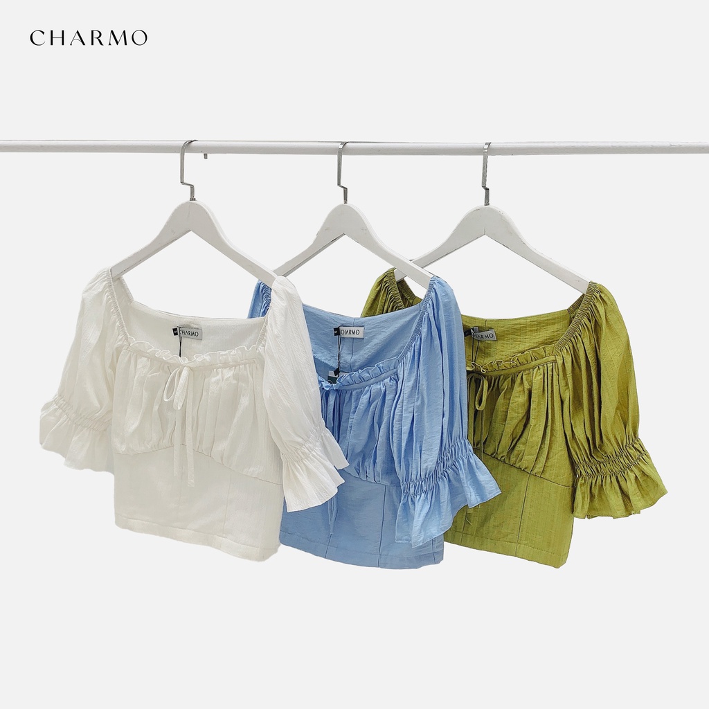 [Mã BMBAU50 giảm 50K đơn 150K] Áo kiểu thiết kế CHARMO vải lụa thêu mềm mại Drawstring Ruffle Top