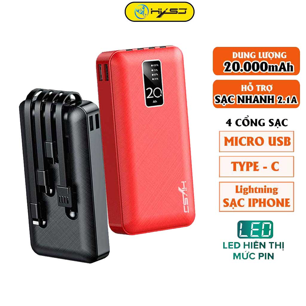 Pin Sạc Dự Phòng 20.000mAh HXSJ A1 - 2 Cổng Sạc Vào Type-C/Micro Tích hợp sẵn 4 đầu sạc chuyên dụng tiện lợi