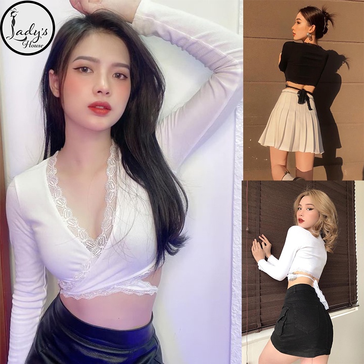 Áo Croptop Viền Ren Tay Dài Cột Dây Eo Siêu Xinh Cổ Chữ V Form Ôm Chất Thun Phối Ren "CROPTOP VIỀN REN"