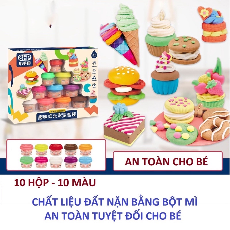 ĐỒ CHƠI ĐẤT NẶN TỪ BỘT MÌ AN TOÀN CHO BÉ (bộ 10 hộp/10màu)