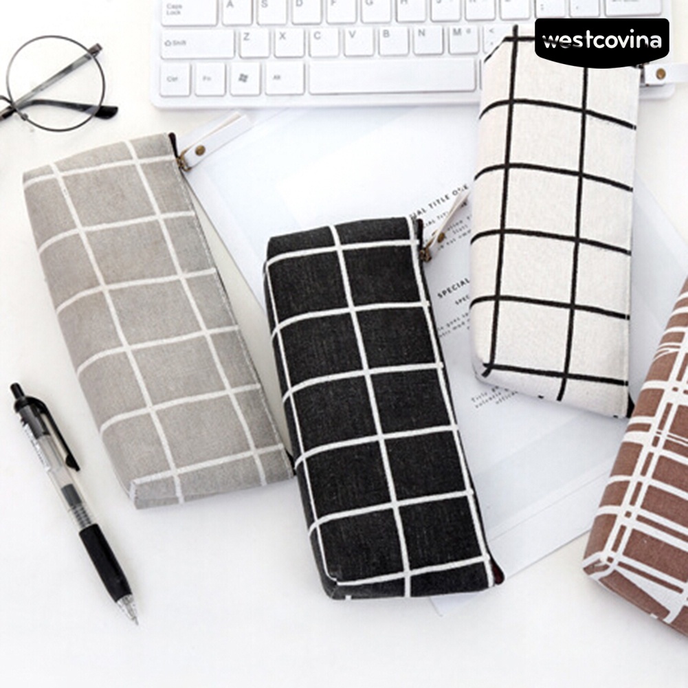 [Hot]✍Túi Đựng Bút Bằng Vải Canvas Hoa Văn Kẻ Ô Giản Dị