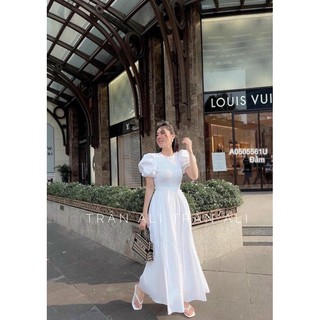 Đầm maxi xòe nhún thân tay phồng!