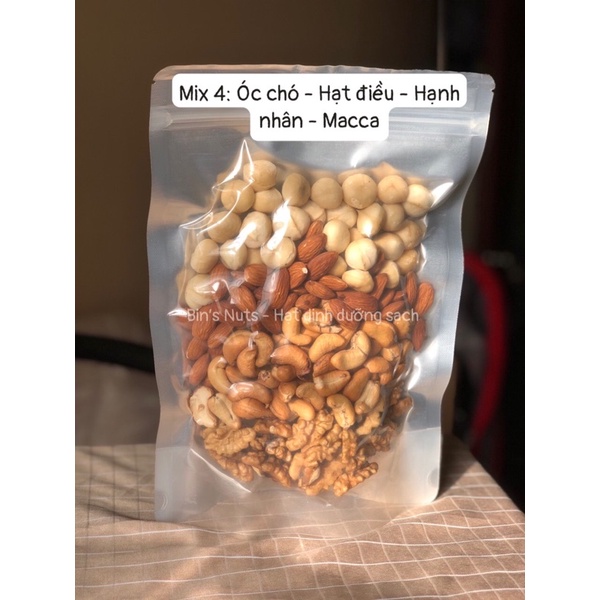 Hạt dinh dưỡng Mix 4( Óc chó Mỹ, Hạnh nhân Mỹ, Hạt điều Bình phước Mix với ( hạt dẻ cười Mỹ hoặc Macca Đăk Lăk)