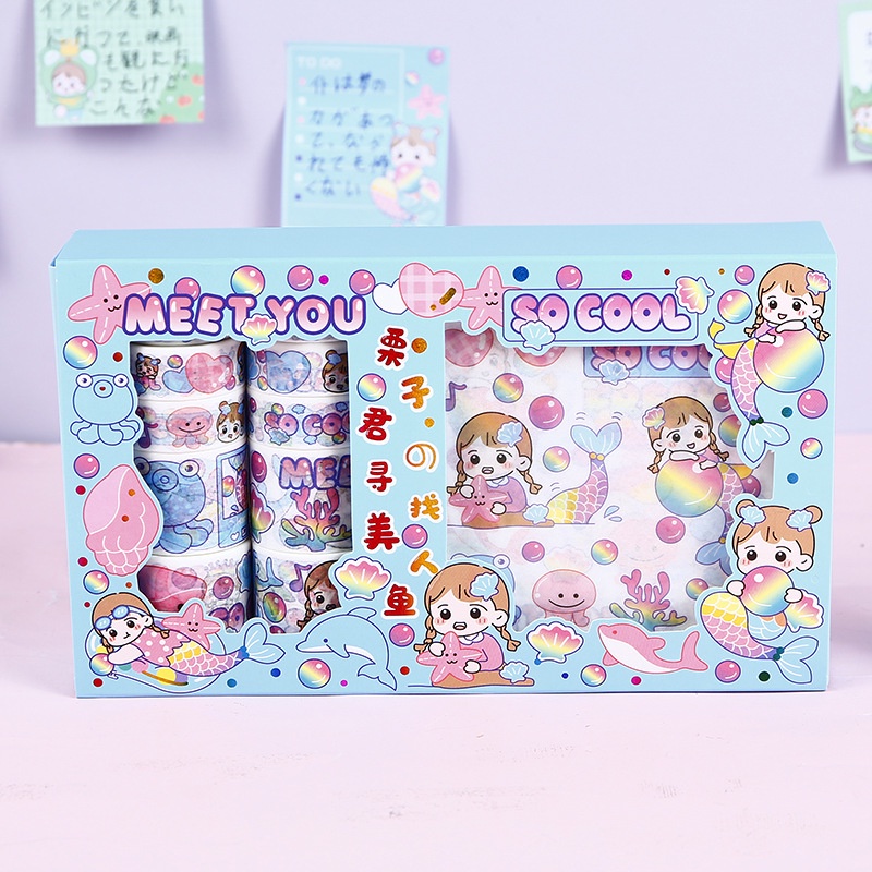 Hộp 10 cuộn washi tape + 10 tấm sticker cute băng keo trang trí sổ dễ thương loại không thấm nước