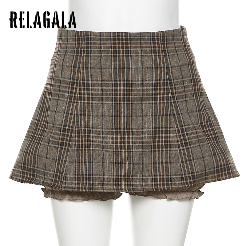 Chân Váy Lưng Cao Màu Trơn Họa Tiết Sọc Caro Thời Trang Đường Phố Cho Nữ