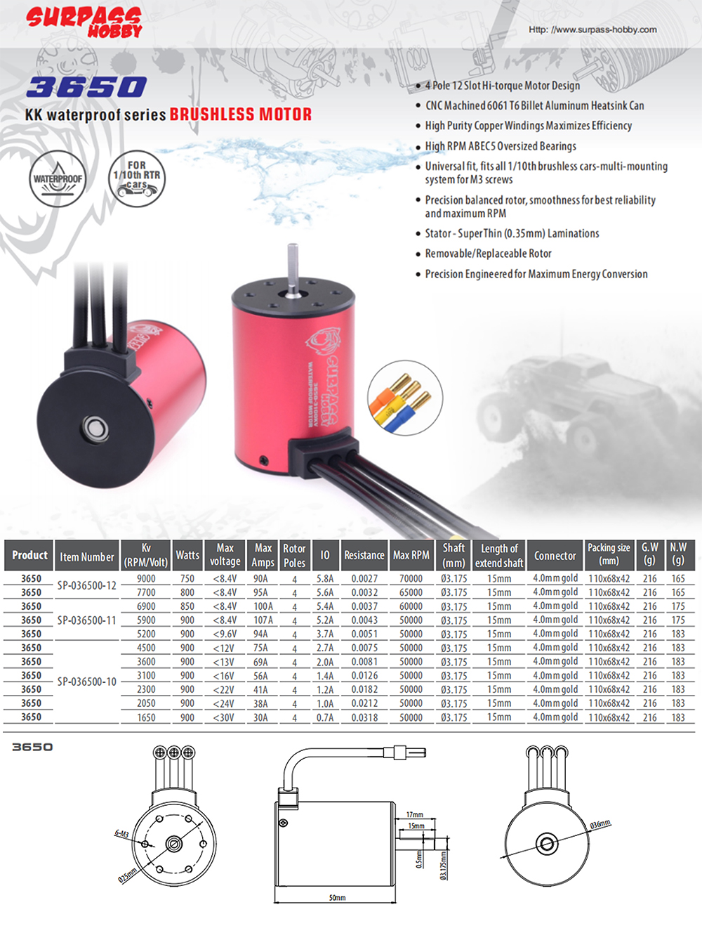 Động Cơ Không Chổi Than 3650 3.175mm Cho Mô Hình Xe 1 / 10 Rc 7700kv 5900kv 5200kv 4500kv 3600kv 3100kv