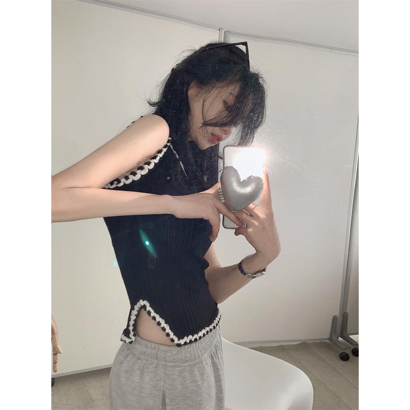 QKOOLE  Áo Croptop Dệt Kim Phong Cách Hàn Quốc Xinh Xắn Cho Nữ