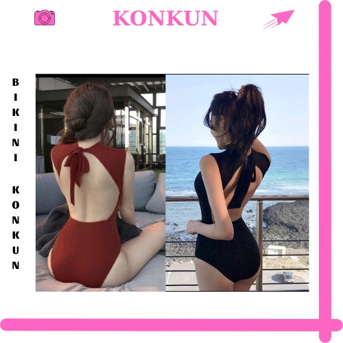 Bikini đi biển liền mảnh, Bodysuit khoét lưng cột nơ sau cổ KONKUN MS74