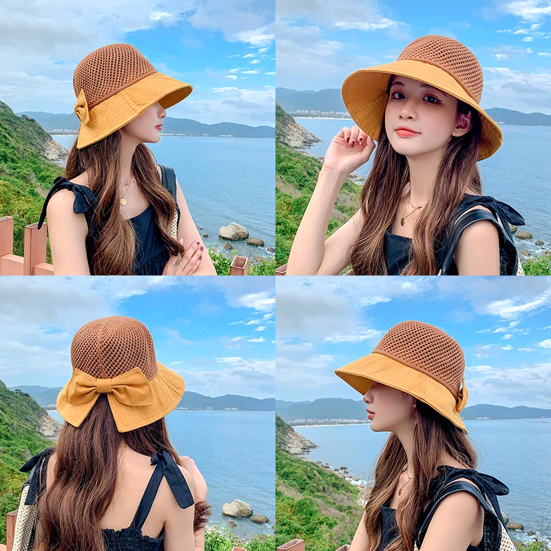 Mũ nón cói phối vải kiểu tai bèo thắt nơ thoáng khí thời trang vintage