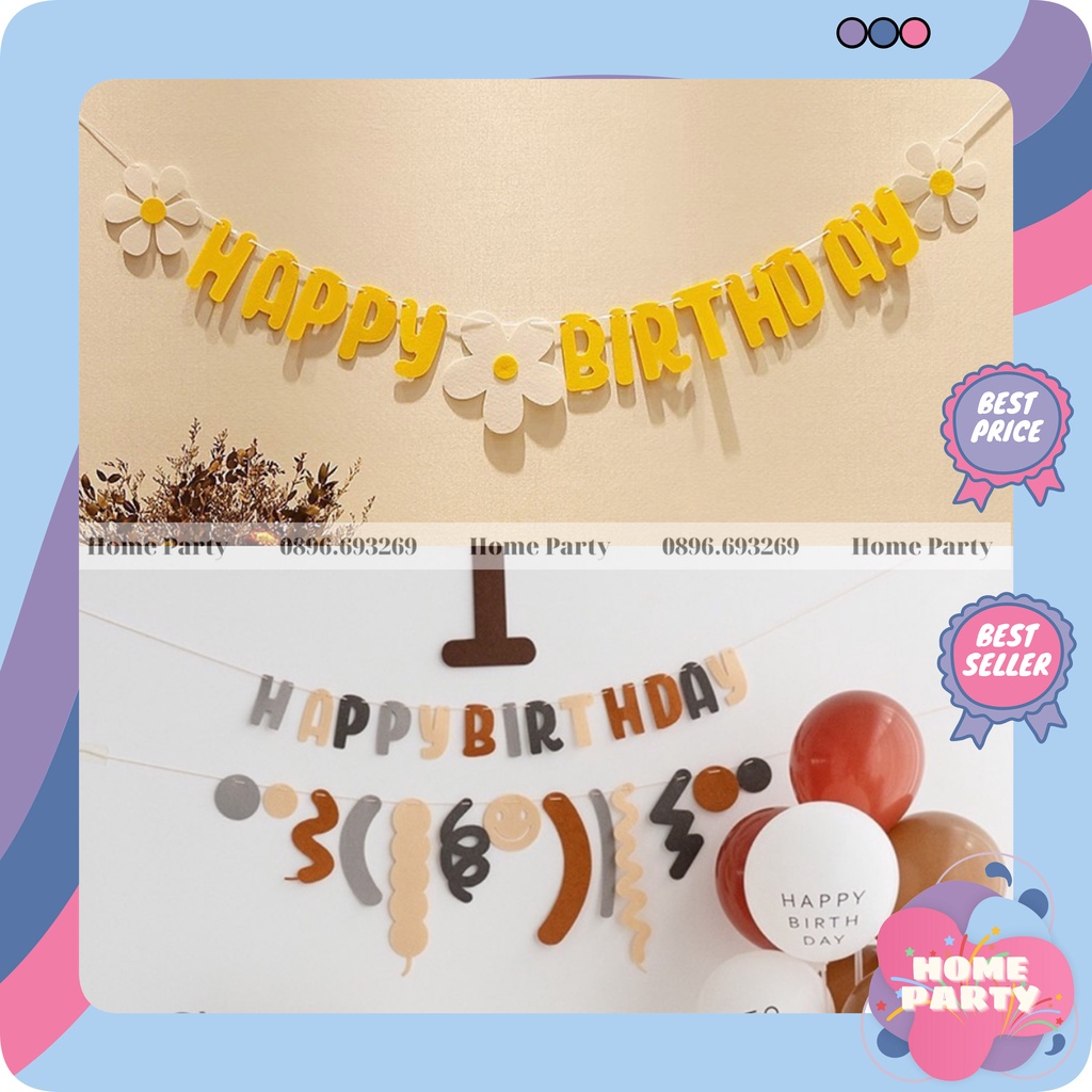 Dây Chữ Happy Birthday Vải Dạ, Nỉ Trang Trí Tiệc Sinh Nhật, Đầy Tháng, Thôi Nôi Cho Mọi Độ Tuổi Phong Cách Hàn Quốc
