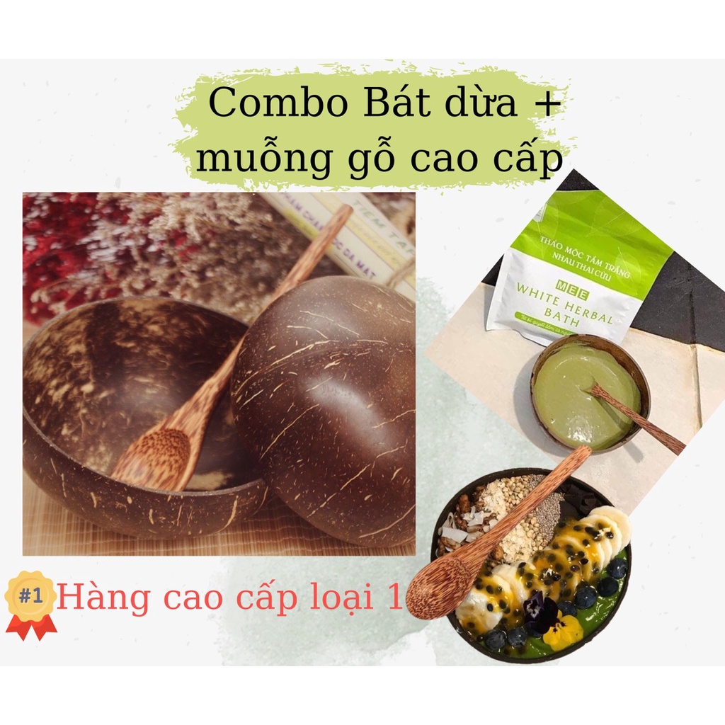 COMBO Bát/Chén Gáo Dừa + Muỗng Gỗ Dừa Siêu Cưng Dùng Trộn Mỹ Phẩm Thiên Nhiên/Đựng Thực Phẩm