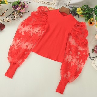 p111 Áo len nữ tay phồng ren lưới thời trang