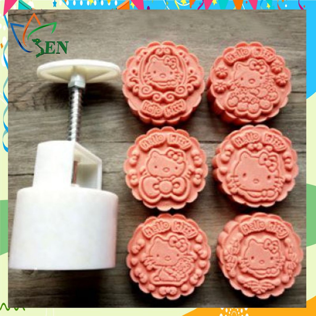 Trọn bộ 6 khuôn bánh trung thu, ép xôi cỡ trung, dạng tròn, hình mèo Kitty