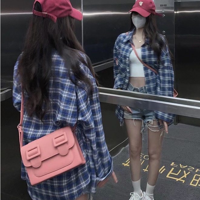 Áo sơ mi ZHELIHANGFEI dáng rộng cổ polo họa tiết kẻ sọc caro phong cách Mỹ thời trang dễ phối đồ