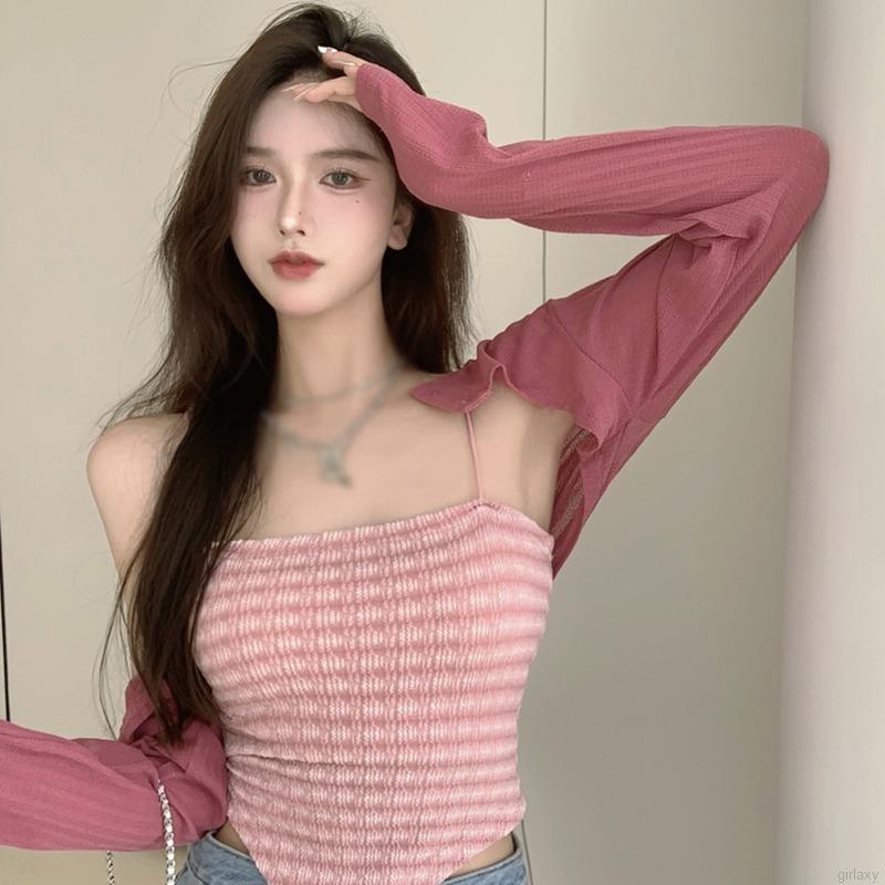 Áo croptop hai dây họa tiết sọc tà không cân xứng/ Áo khoác cardigan tay dài màu trơn thời trang hàn quốc (bán lẻ)