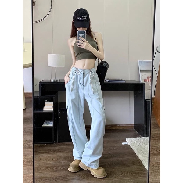 QUẦN JEANS EO RÚT DÂY LƯNG CHUN PHONG CÁCH RETRO