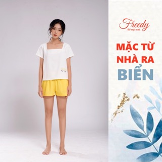 FREEDY - ĐỒ MẶC NHÀ THIẾT KẾ - BỘ NGẮN TAY CỔ VUÔNG THÊU - ÁO TRẮNG QUẦN VÀNG quà tặng, sinh nhật, kỉ niệm