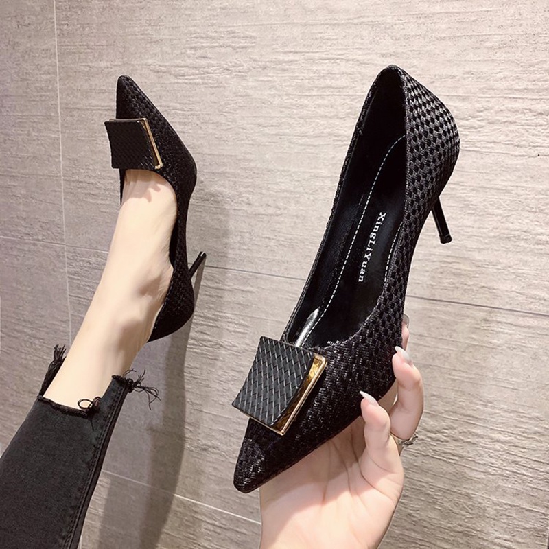 M - A 48H👡 Giày cao gót mũi nhọn màu xám phong cách Pháp 2021 cho nữ