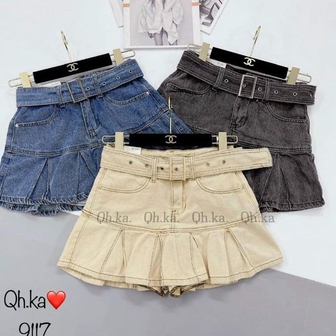Chân váy bò xếp ly đai hàng QCL1