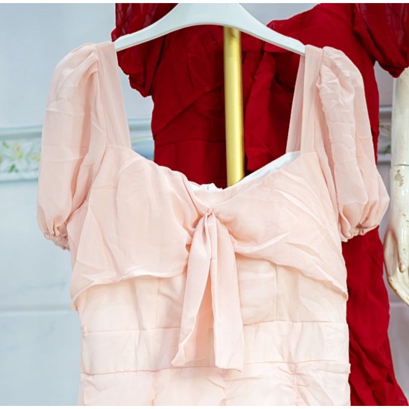 Đầm công sở - Đầm voan nhún đuôi cá tay phồng nơ ngực