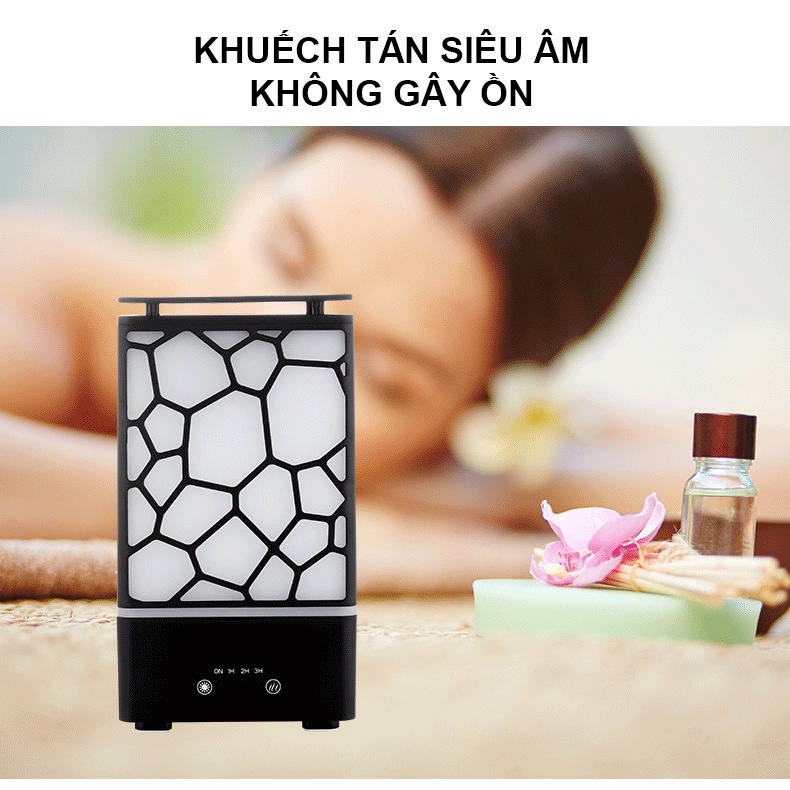 [Tặng 2 Tinh Dầu] Máy Xông Tinh Dầu Khuếch Tán Phun Sương Hình Lập Phương 200ml Đèn Led 7 Màu Phun Sương Tạo Ẩm Làm Thơm