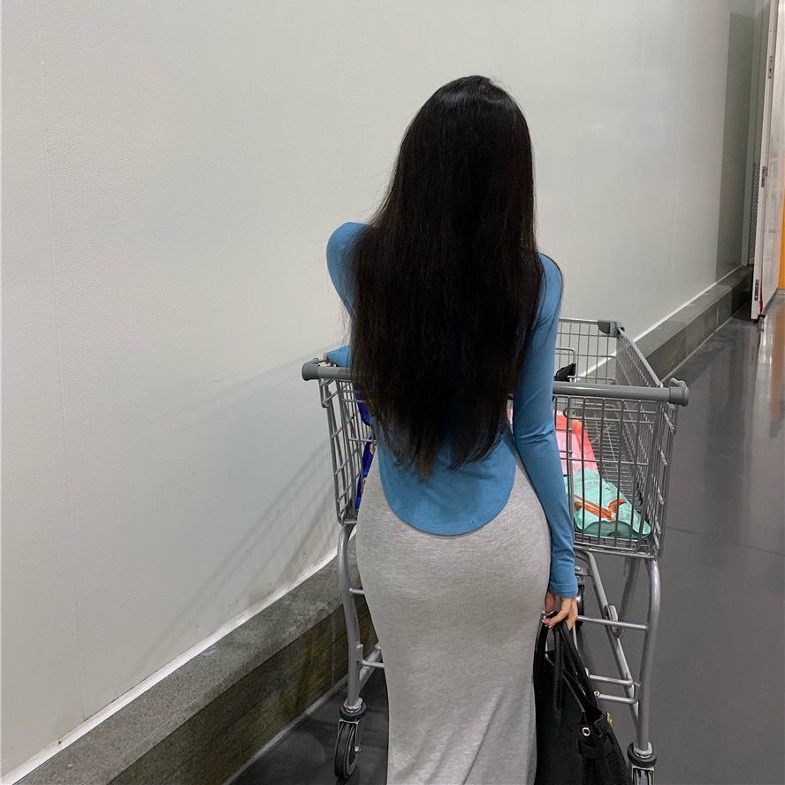 Jiashucheng Áo Thun Chống Nắng Mỏng Phong Cách Phương Tây Gợi Cảm Đơn Giản Kèm Chân Váy Đuôi Cá Ôm Eo