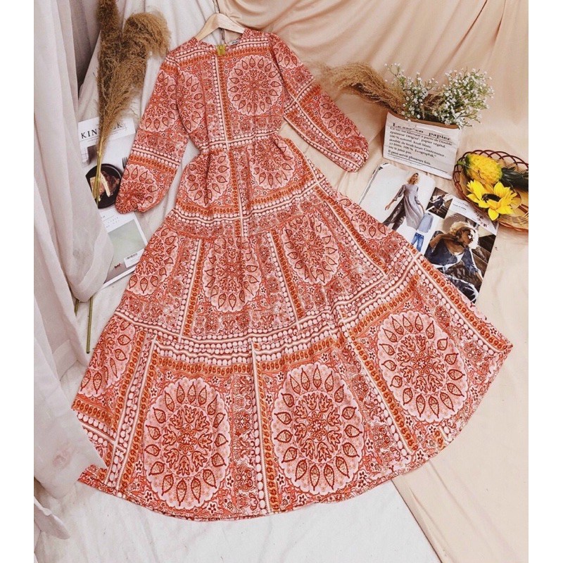 đầm maxi họa tiết thổ Cẩm dáng dài rộng rãi | BigBuy360 - bigbuy360.vn
