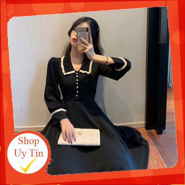 Đầm váy nữ dáng dài qua gối, mẫu váy đầm dáng xòe đẹp dài tay, kết hợp phối cổ tay áo nổi bật-L041