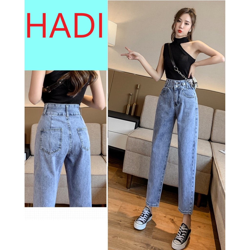 QUẦN BAGGY JEAN NỮ LƯNG CAO MÀU XANH NHẠT 2 NÚT 2 ĐAI HOT HOT MUỐN CHÁY LUÔN CÁC BÁC Ạ CƯNG HẾT SỨC HÀ-HADI TUI ĐẤY