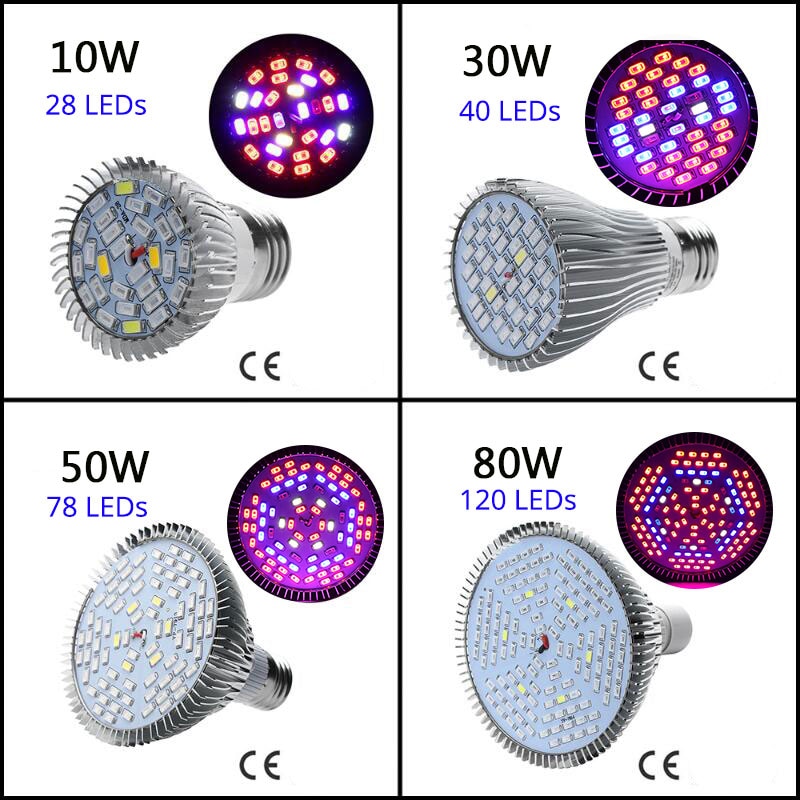 Đèn LED Adiodo E27 Phát triển Bóng đèn Đầy đủ Quang phổ Màu xanh Đỏ UV IR Led Trồng Đèn cho Vườn Thủy canh Hoa Cây Rau Tất cả trong Một 10W-80W