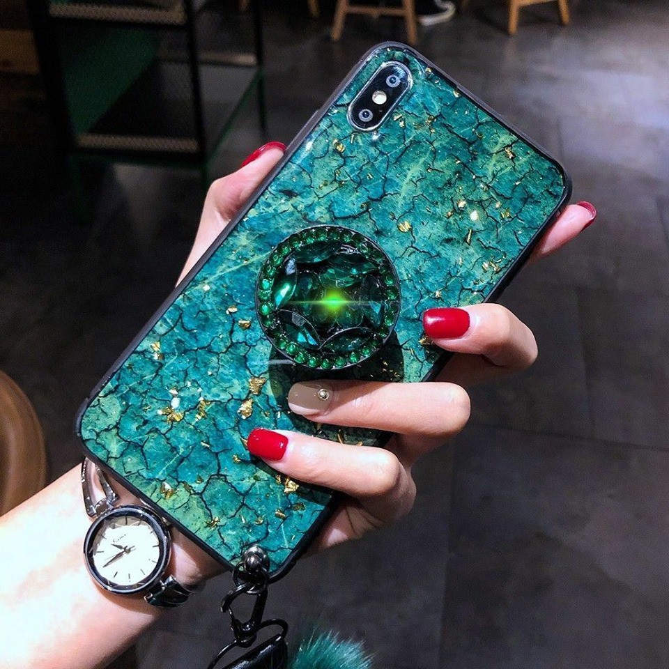 Ốp Vân Đá + Dây Đeo Cục Bông Cho Điện Thoại Iphone X - Xs Max