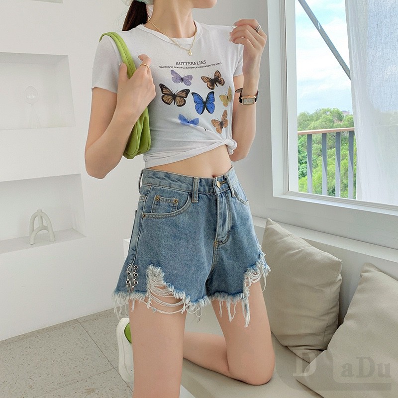 Quần Short Jean Lưng Cao Dáng Rộng Thời Trang Mùa Hè Phong Cách Hàn Quốc