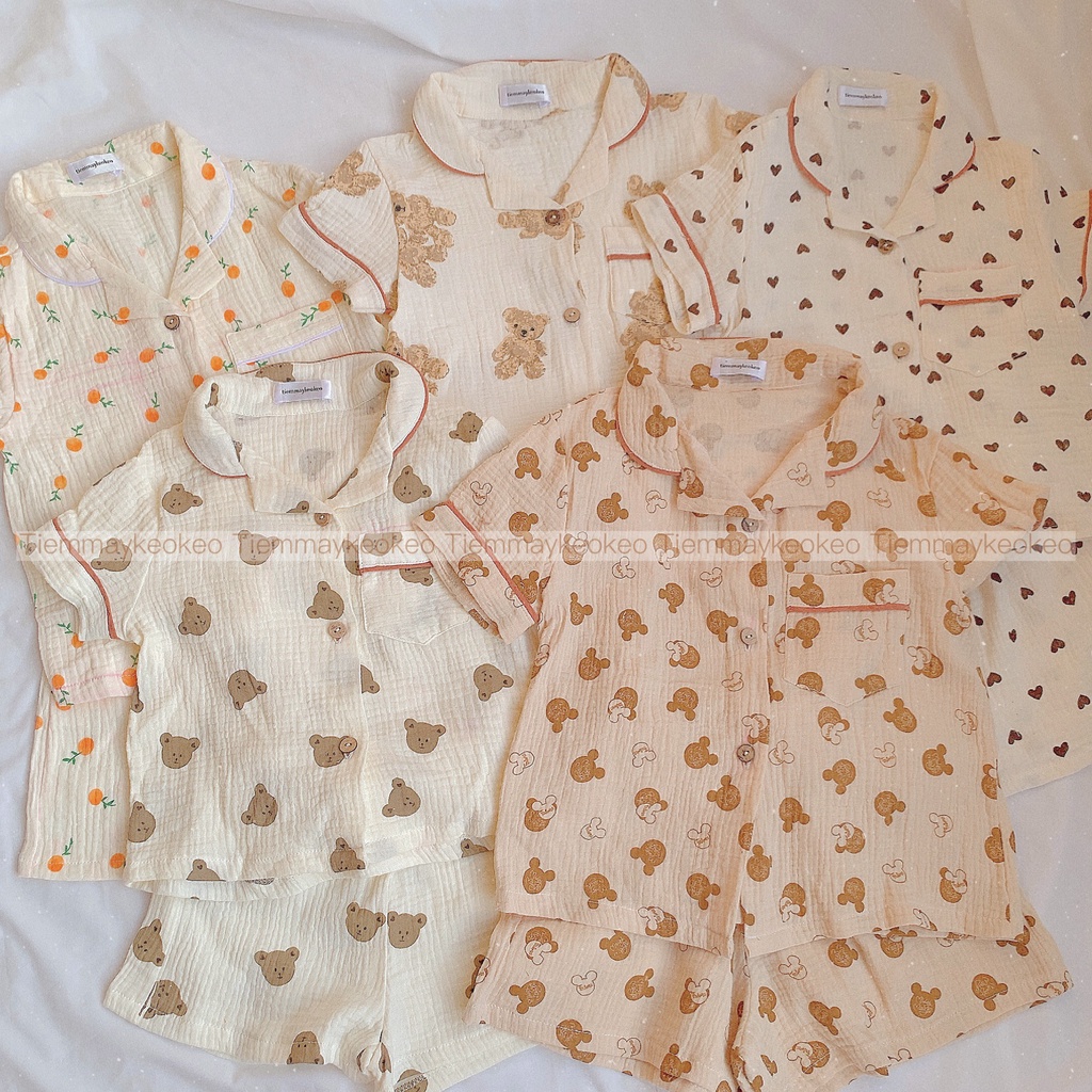 Bộ đồ mặc nhà pijama cho bé vải xô muslin mềm mại hàng loại 1 họa tiết gấu pooh, chấm bi, mickey Hàn Quốc Tiemmaykeokeo