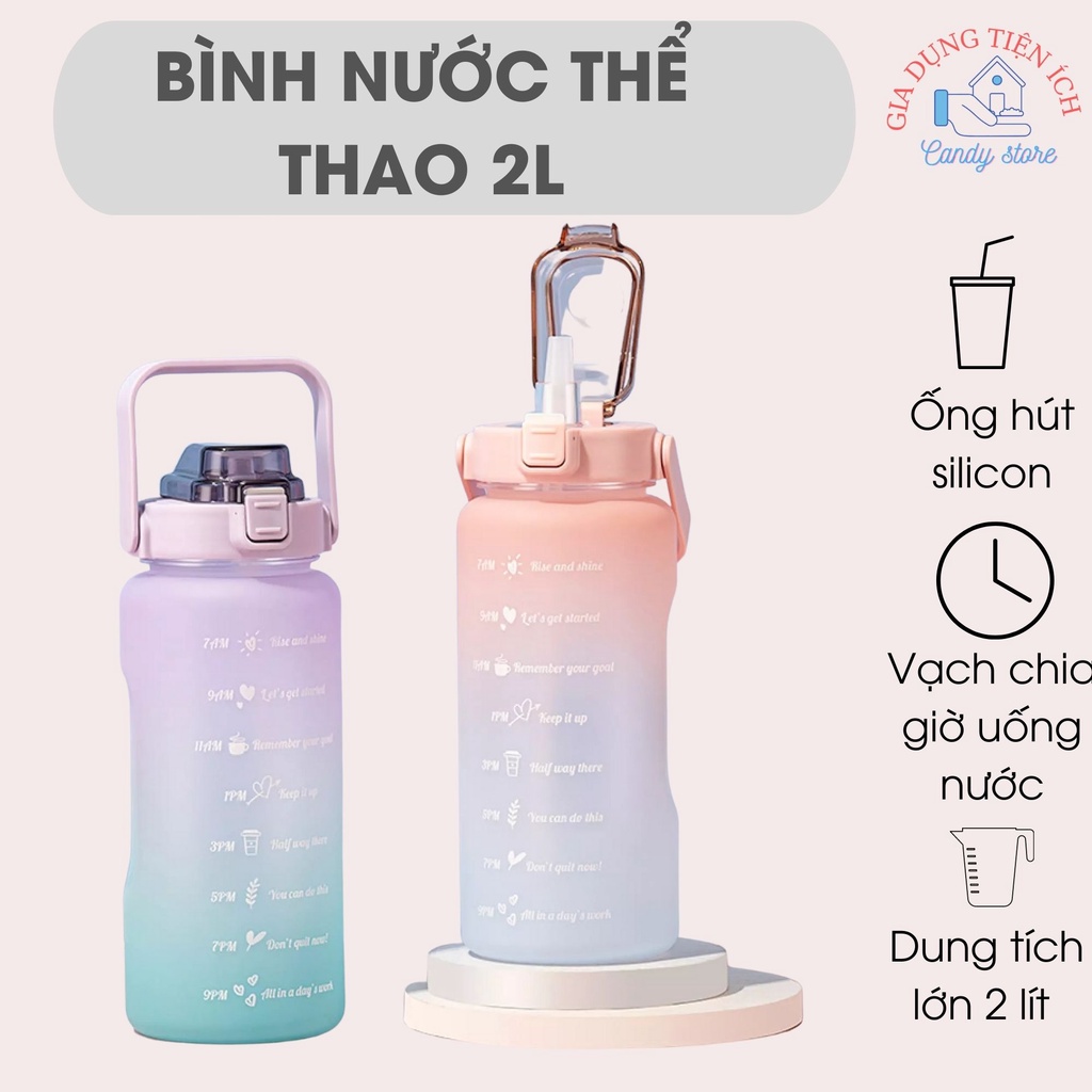 Bình Đựng Nước 2 Lít Dễ Tặng Kèm Sticker Thương Có Vạch Báo Giờ Uống Nước Kèm Ống Hút Chất Liệu Nhựa PVC An Toàn