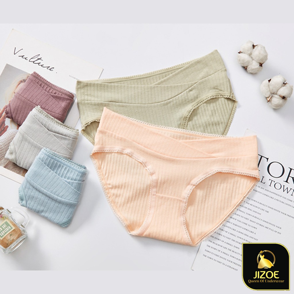 Quần lót bầu cho bà mẹ bầu Cotton thông hơi viền ren Sexy gợi cảm cạp chéo cao cấp JIZOE QB03