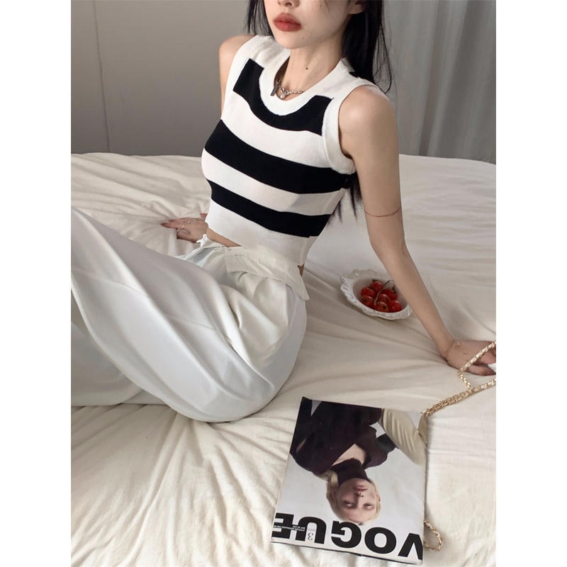 Áo Dệt Kim Sát Nách Dáng Ôm Cổ Tròn Kẻ Sọc Thời Trang Cho Nữ