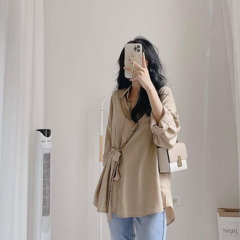 Áo Sơ Mi Buộc Nơ Eo hàn quốc THOYEUFASHION, Áo Sơ Mi Vải Đũi Lụa Trơn Có Dây Thắt Eo Tôn Dáng Freesize - M221