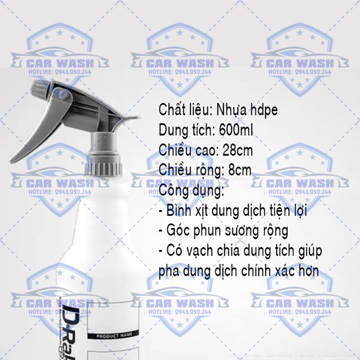 Bình Xịt Đựng Dung Dịch Rửa Xe 600ml, Đầu Xịt Phun Sương Hóa Chất Rửa Xe Ô Tô Có Vạch Chia