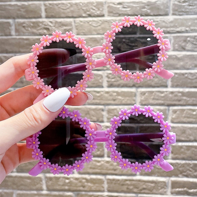 Kính Chống Nắng Gọng Tròn Màu Kẹo Họa Tiết Hoa Thời Trang Hàn Quốc Cho Bé